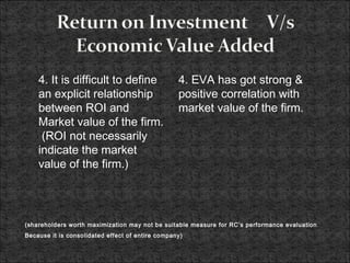 4. EVA has got strong &
positive correlation with
market value of the firm.
4. It is difficult to define
an explicit relationship
between ROI and
Market value of the firm.
(ROI not necessarily
indicate the market
value of the firm.)
(shareholders worth maximization may not be suitable measure for RC’s performance evaluation
Because it is consolidated effect of entire company)
 