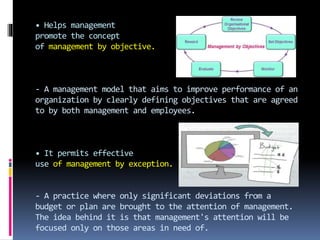 • Helps management
promote the concept
of management by objective.
- A management model that aims to improve performance of an
organization by clearly defining objectives that are agreed
to by both management and employees.
• It permits effective
use of management by exception.
- A practice where only significant deviations from a
budget or plan are brought to the attention of management.
The idea behind it is that management's attention will be
focused only on those areas in need of.
 
