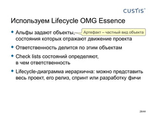  Альфы задают объекты,
состояния которых отражают движение проекта
 Ответственность делится по этим объектам
 Check lists состояний определяют,
в чем ответственность
 Lifecycle-диаграмма иерархична: можно представить
весь проект, его релиз, спринт или разработку фичи
Используем Lifecycle OMG Essence
Артефакт – частный вид объекта
28/44
 