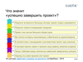 Что значит
«успешно завершить проект»?
43/44
Наконец-то у меня приняли этот проект
Танцы с бубнами вокруг непонятных замечаний завершились успешно
Я заставил принять проект и признать нашу правоту, несмотря на врагов
В соответствии с процедурами и регламентами проект сдан заказчику
Мы поняли интересы принимающих и обеспечили их удовлетворение
Проект стал частью большого общего дела
Результат проекта оправдывает ожидания
Результат встроился в большую систему, принес плоды и развивается
Из доклада «Действуй, опираясь на ценности» на AgileDays – 2016
 