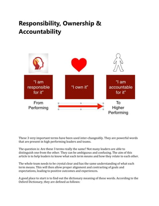 Responsibility, Ownership &
Accountability
These 3 very important terms have been used inter-changeably. They are powerful words
that are present in high performing leaders and teams.
The question is: Are these 3 terms really the same? Not many leaders are able to
distinguish one from the other. They can be ambiguous and confusing. The aim of this
article is to help leaders to know what each term means and how they relate to each other.
The whole team needs to be crystal clear and has the same understanding of what each
term means. This will then allow proper alignment and contracting of goals and
expectations, leading to positive outcomes and experiences.
A good place to start is to find out the dictionary meaning of these words. According to the
Oxford Dictionary, they are defined as follows:
 