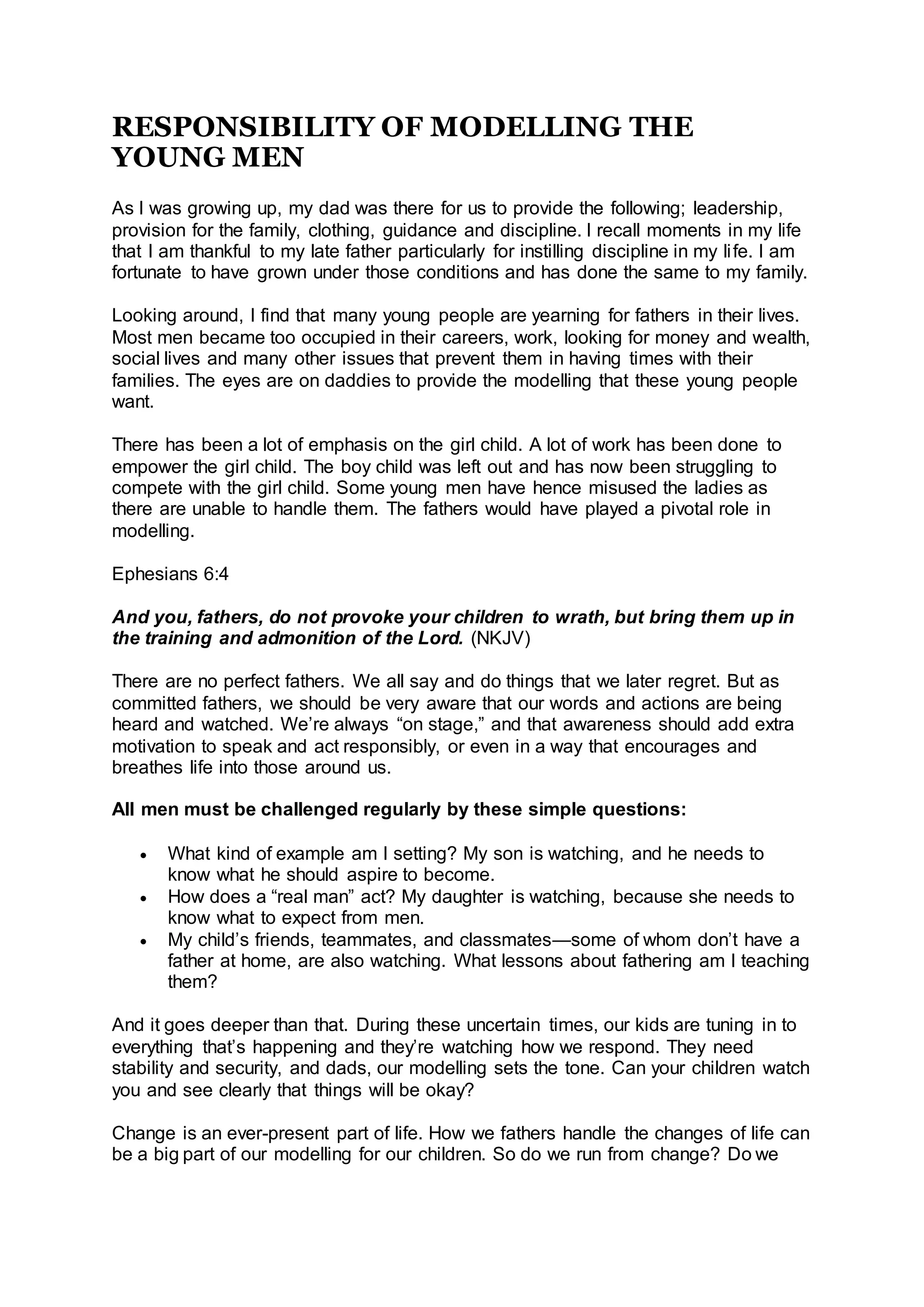 Responsibility of Modelling the Young Men | DOCX
