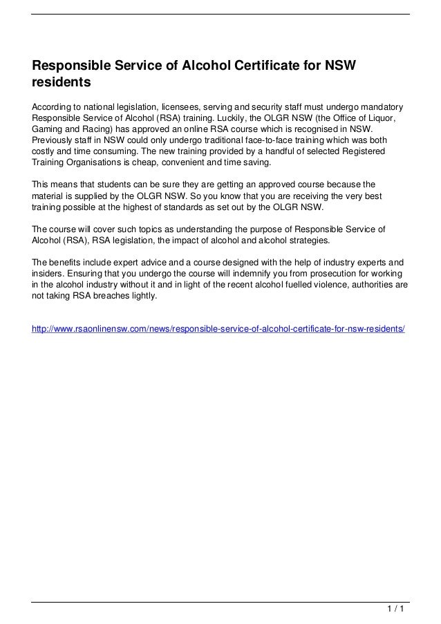 Responsible Service of Alcohol Certificate for NSW residents