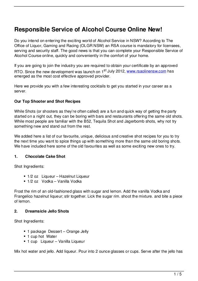 Responsible Service of Alcohol Course Online New!