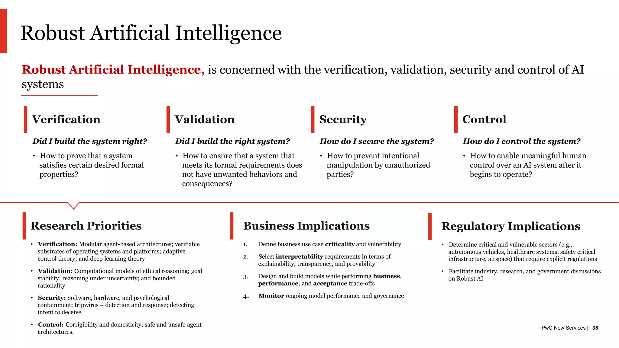 PwC New Services | 35
Robust Artificial Intelligence
• Verification: Modular agent-based architectures; verifiable
substrates of operating systems and platforms; adaptive
control theory; and deep learning theory
• Validation: Computational models of ethical reasoning; goal
stability; reasoning under uncertainty; and bounded
rationality
• Security: Software, hardware, and psychological
containment; tripwires – detection and response; detecting
intent to deceive.
• Control: Corrigibility and domesticity; safe and unsafe agent
architectures.
Research Priorities
Robust Artificial Intelligence, is concerned with the verification, validation, security and control of AI
systems
1. Define business use case criticality and vulnerability
2. Select interpretability requirements in terms of
explainability, transparency, and provability
3. Design and build models while performing business,
performance, and acceptance trade-offs
4. Monitor ongoing model performance and governance
Business Implications
Verification
Did I build the system right?
• How to prove that a system
satisfies certain desired formal
properties?
Validation
Did I build the right system?
• How to ensure that a system that
meets its formal requirements does
not have unwanted behaviors and
consequences?
Security
How do I secure the system?
• How to prevent intentional
manipulation by unauthorized
parties?
Control
How do I control the system?
• How to enable meaningful human
control over an AI system after it
begins to operate?
• Determine critical and vulnerable sectors (e.g.,
autonomous vehicles, healthcare systems, safety critical
infrastructure, airspace) that require explicit regulations
• Facilitate industry, research, and government discussions
on Robust AI
Regulatory Implications
 