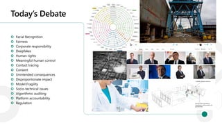 Today’s Debate
 Facial Recognition
 Fairness
 Corporate responsibility
 Deepfakes
 Human rights
 Meaningful human control
 Contact tracing
 Consent
 Unintended consequences
 Disproportionate impact
 Model Fragility
 Socio-technical issues
 Algorithmic auditing
 Platform accountability
 Regulation
 