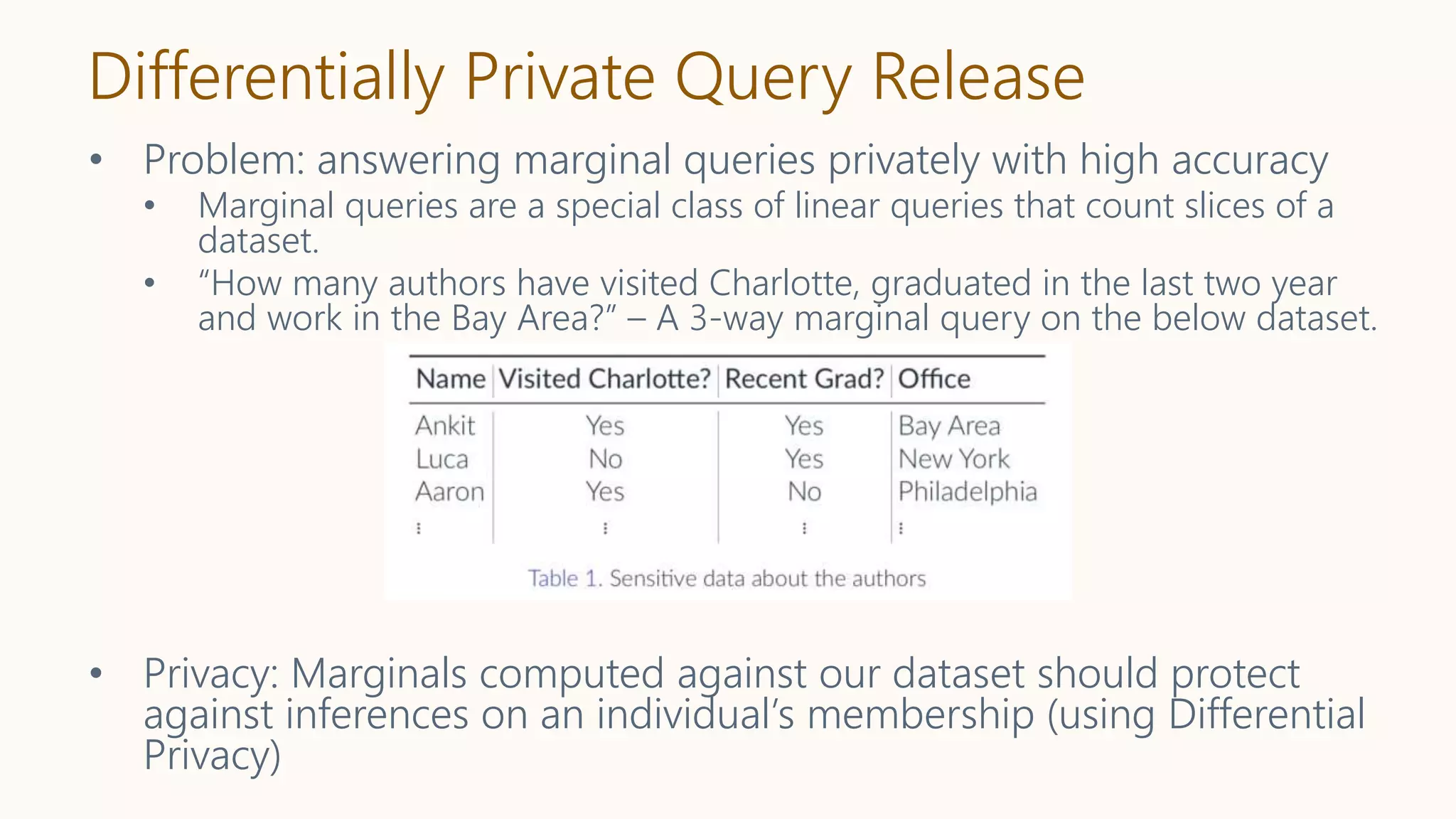 Differentially Private Query Release
• Problem: answering marginal queries privately with high accuracy
• Marginal queries are a special class of linear queries that count slices of a
dataset.
• “How many authors have visited Charlotte, graduated in the last two year
and work in the Bay Area?” – A 3-way marginal query on the below dataset.
• Privacy: Marginals computed against our dataset should protect
against inferences on an individual’s membership (using Differential
Privacy)
 
