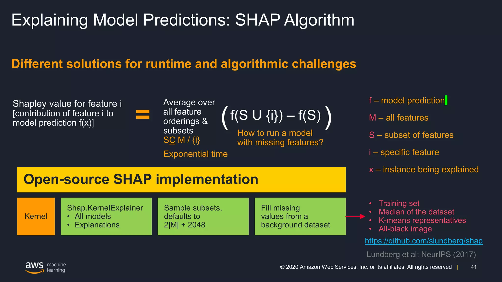 41
© 2020 Amazon Web Services, Inc. or its affiliates. All rights reserved |
Explaining Model Predictions: SHAP Algorithm
Different solutions for runtime and algorithmic challenges
=
Average over
all feature
orderings &
subsets
SC M / {i}
f – model prediction
M – all features
S – subset of features
i – specific feature
x – instance being explained
https://github.com/slundberg/shap
Lundberg et al: NeurIPS (2017)
Exponential time
How to run a model
with missing features?
Shap.KernelExplainer
• All models
• Explanations
Sample subsets,
defaults to
2|M| + 2048
Fill missing
values from a
background dataset
• Training set
• Median of the dataset
• K-means representatives
• All-black image
Kernel
Open-source SHAP implementation
 