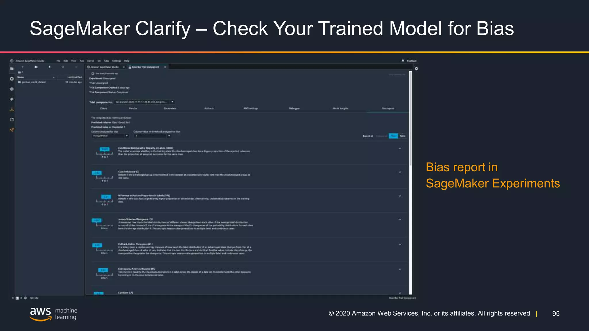 95
© 2020 Amazon Web Services, Inc. or its affiliates. All rights reserved |
SageMaker Clarify – Check Your Trained Model for Bias
Bias report in
SageMaker Experiments
 