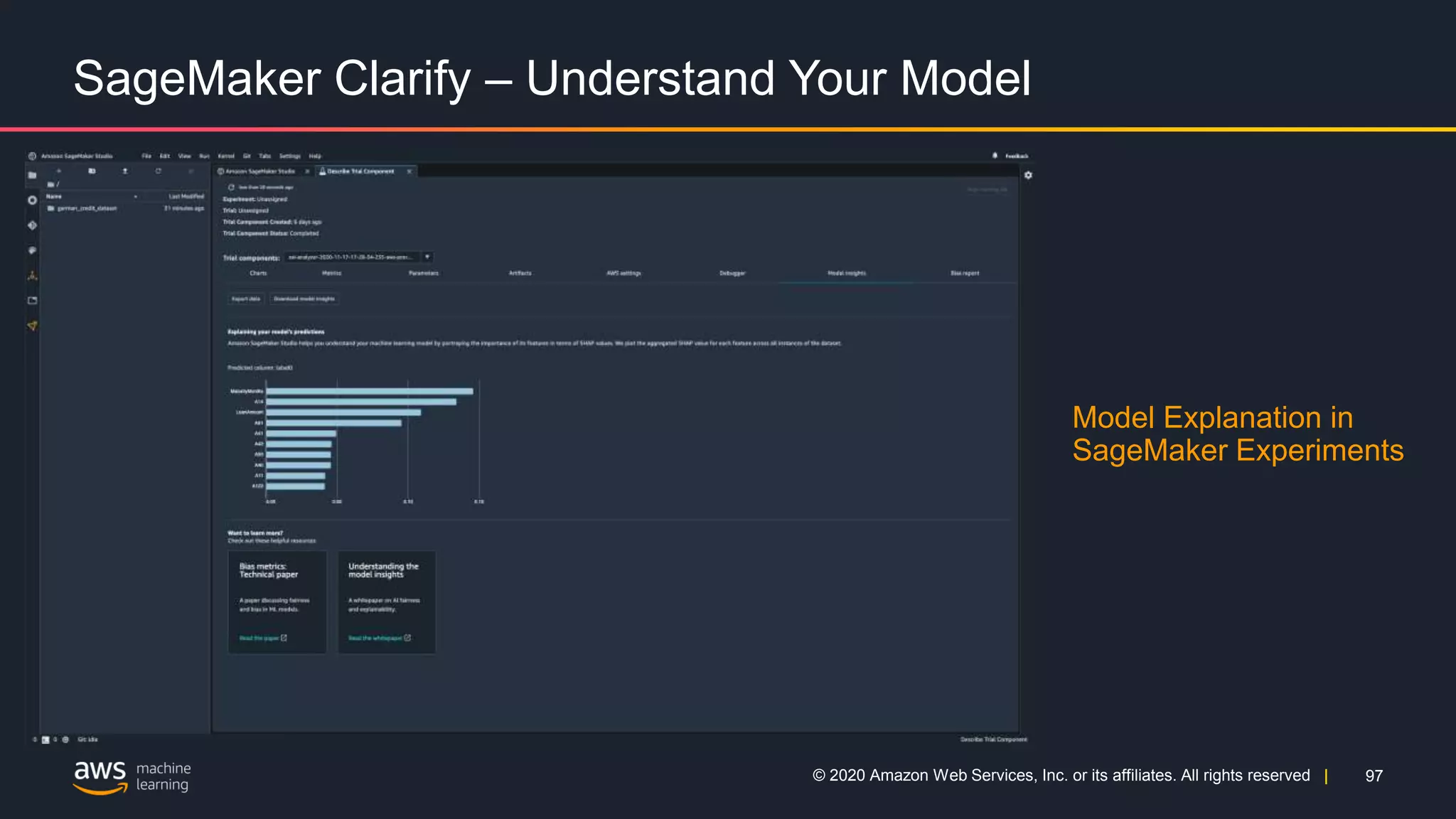 97
© 2020 Amazon Web Services, Inc. or its affiliates. All rights reserved |
SageMaker Clarify – Understand Your Model
Model Explanation in
SageMaker Experiments
 