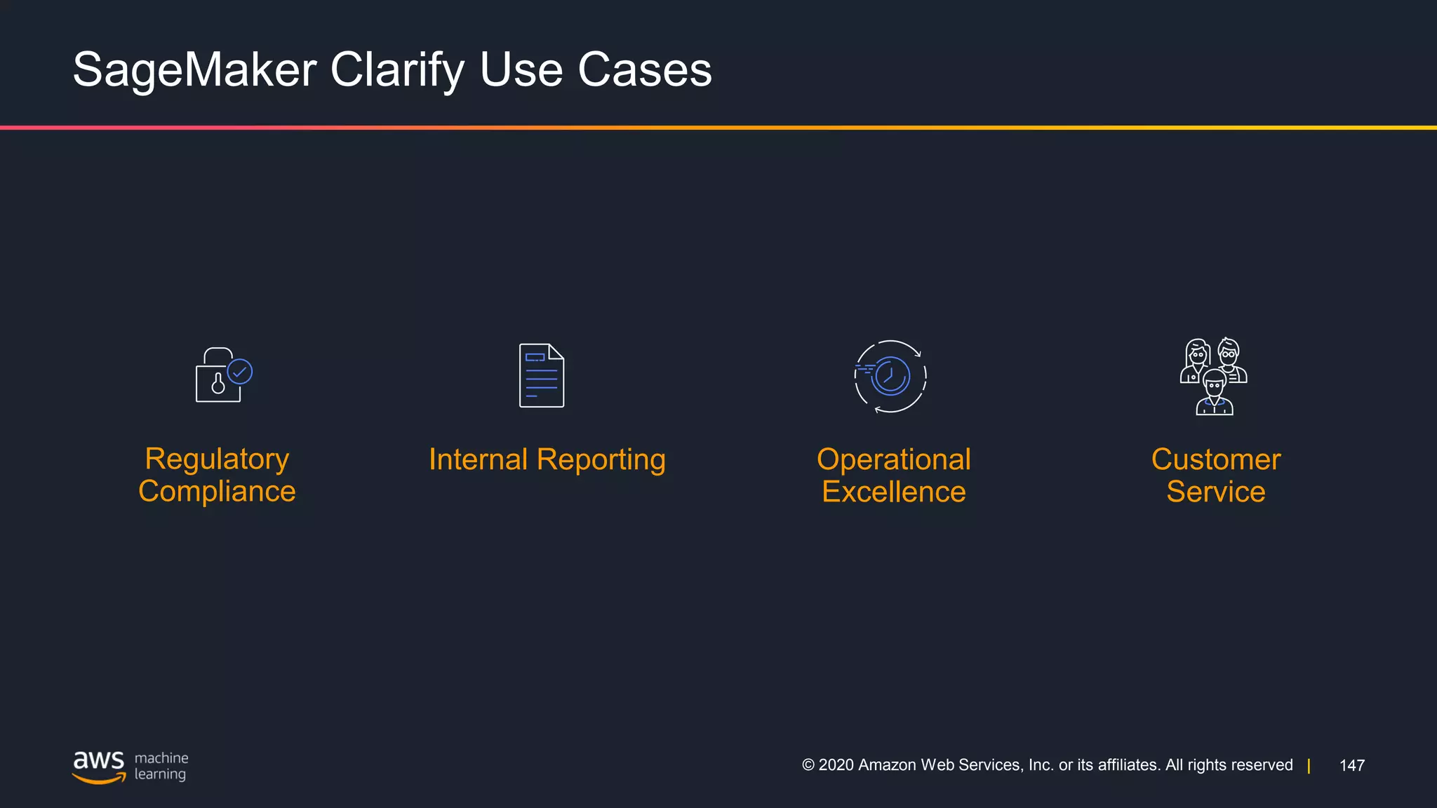 147
© 2020 Amazon Web Services, Inc. or its affiliates. All rights reserved |
SageMaker Clarify Use Cases
Regulatory
Compliance
Internal Reporting Operational
Excellence
Customer
Service
 
