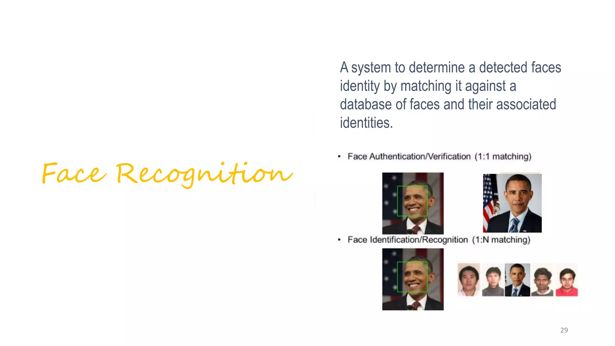 A system to determine a detected faces
identity by matching it against a
database of faces and their associated
identities.
Face Recognition
29
 