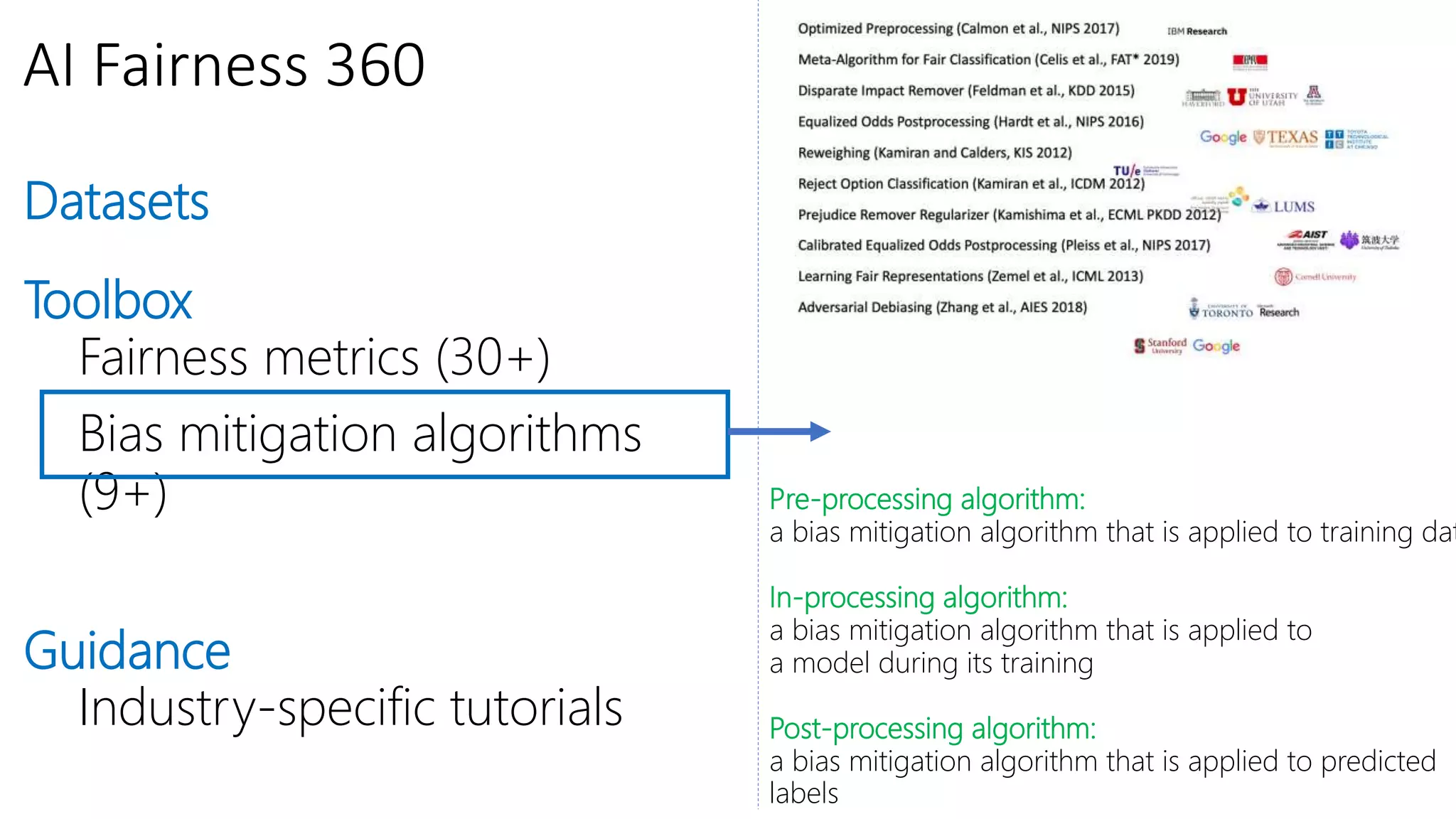 AI Fairness 360
Datasets
Toolbox
Fairness metrics (30+)
Bias mitigation algorithms
(9+)
Guidance
Industry-specific tutorials
Pre-processing algorithm:
a bias mitigation algorithm that is applied to training dat
In-processing algorithm:
a bias mitigation algorithm that is applied to
a model during its training
Post-processing algorithm:
a bias mitigation algorithm that is applied to predicted
labels
 
