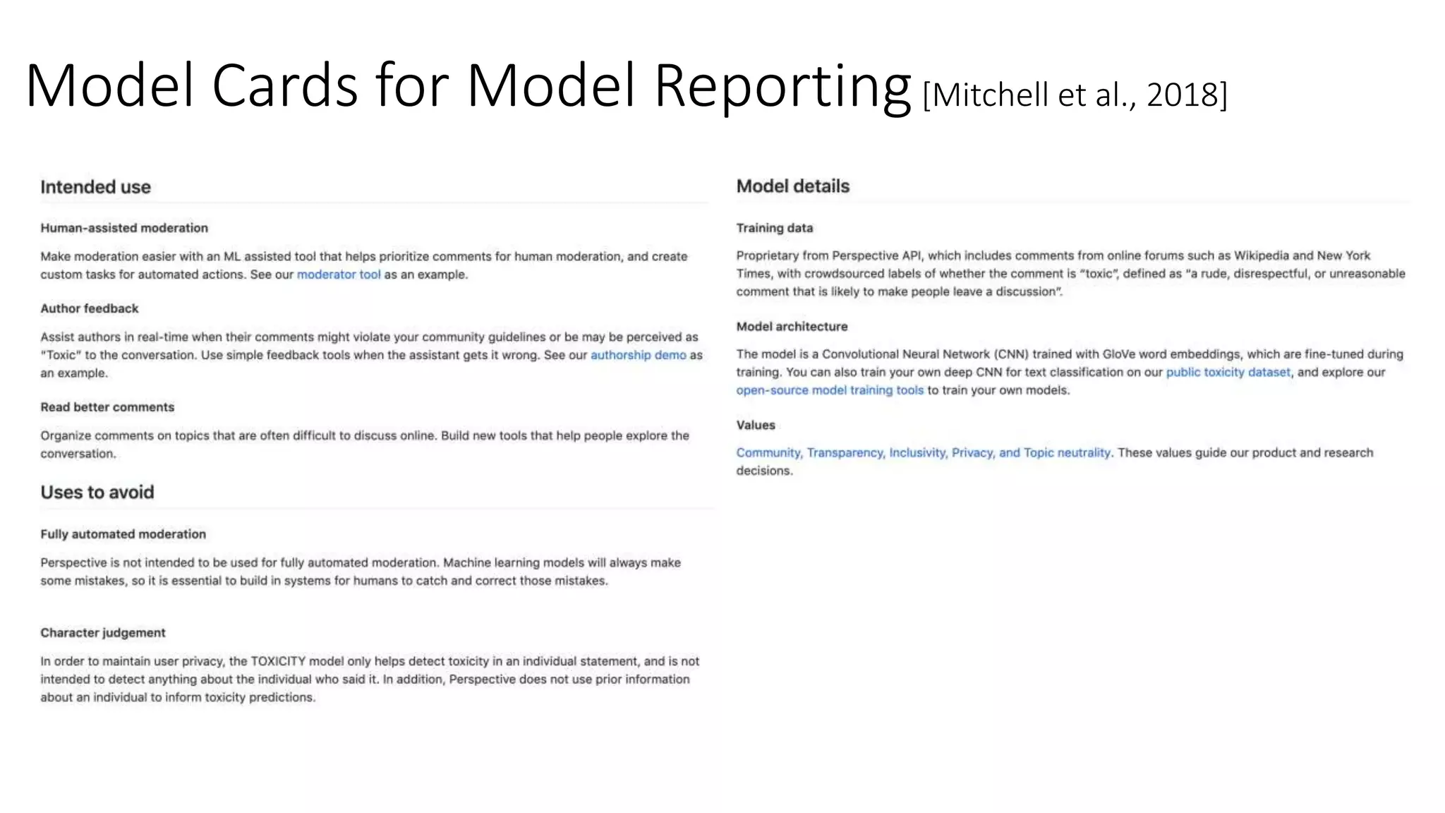 Model Cards for Model Reporting[Mitchell et al., 2018]
 