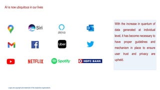 AI is now ubiquitous in our lives
With the increase in quantum of
data generated at individual
level, it has become necessary to
have proper guidelines and
mechanism in place to ensure
user trust and privacy are
upheld.
Logos are copyright and trademark of the respective organizations
 