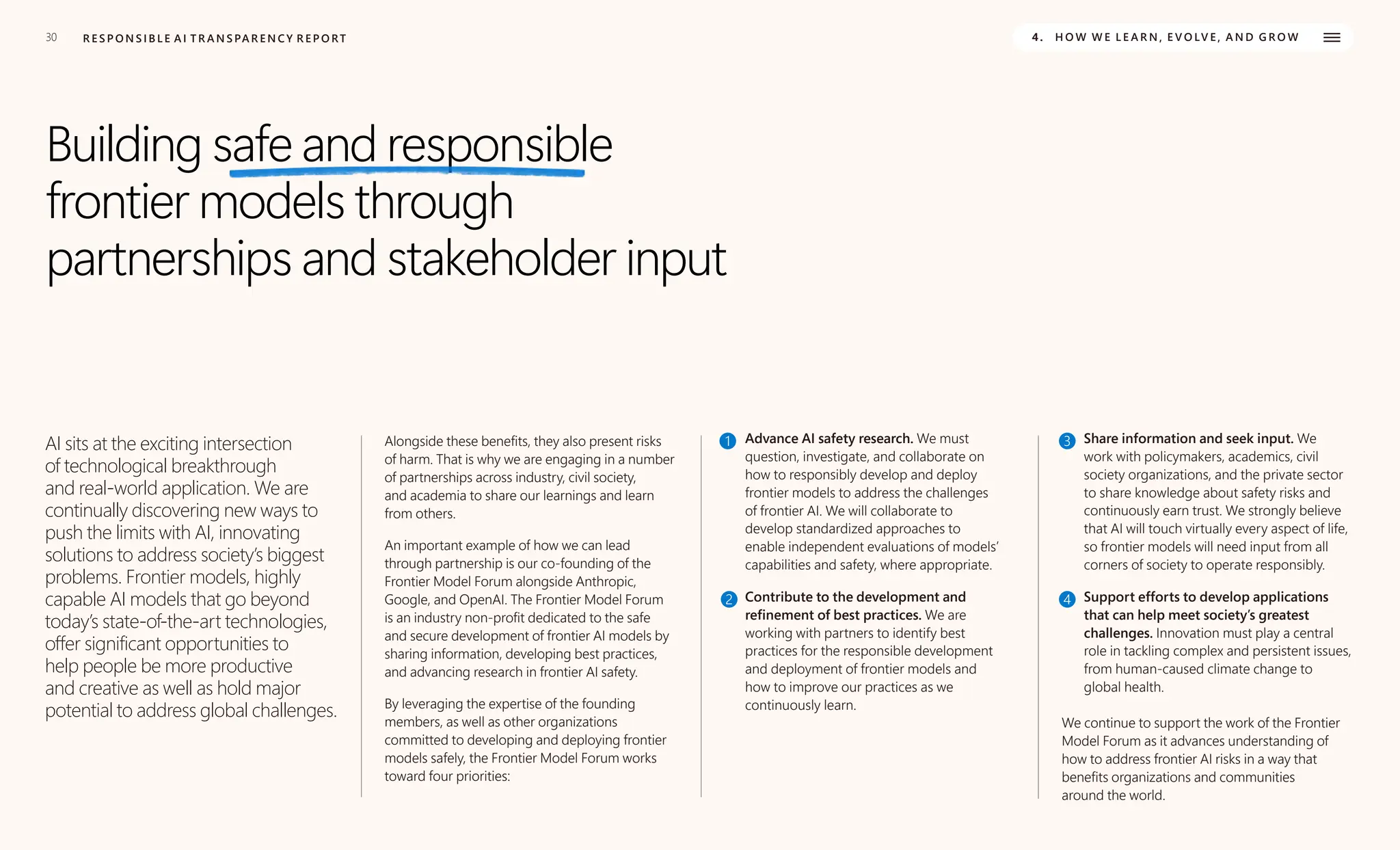 30 R E S P O N S I B L E A I T R A N S PA R E N C Y R E P O RT 4. H O W W E L E A R N , E V O LV E , A N D G R O W
Building safe and responsible
frontier models through
partnerships and stakeholder input
AI sits at the exciting intersection
of technological breakthrough
and real-world application. We are
continually discovering new ways to
push the limits with AI, innovating
solutions to address society’s biggest
problems. Frontier models, highly
capable AI models that go beyond
today’s state-of-the-art technologies,
offer significant opportunities to
help people be more productive
and creative as well as hold major
potential to address global challenges.
Alongside these benefits, they also present risks
of harm. That is why we are engaging in a number
of partnerships across industry, civil society,
and academia to share our learnings and learn
from others.
An important example of how we can lead
through partnership is our co-founding of the
Frontier Model Forum alongside Anthropic,
Google, and OpenAI. The Frontier Model Forum
is an industry non-profit dedicated to the safe
and secure development of frontier AI models by
sharing information, developing best practices,
and advancing research in frontier AI safety.
By leveraging the expertise of the founding
members, as well as other organizations
committed to developing and deploying frontier
models safely, the Frontier Model Forum works
toward four priorities:
1 Advance AI safety research. We must
question, investigate, and collaborate on
how to responsibly develop and deploy
frontier models to address the challenges
of frontier AI. We will collaborate to
develop standardized approaches to
enable independent evaluations of models’
capabilities and safety, where appropriate.
2 Contribute to the development and
refinement of best practices. We are
working with partners to identify best
practices for the responsible development
and deployment of frontier models and
how to improve our practices as we
continuously learn.
3 Share information and seek input. We
work with policymakers, academics, civil
society organizations, and the private sector
to share knowledge about safety risks and
continuously earn trust. We strongly believe
that AI will touch virtually every aspect of life,
so frontier models will need input from all
corners of society to operate responsibly.
4 Support efforts to develop applications
that can help meet society’s greatest
challenges. Innovation must play a central
role in tackling complex and persistent issues,
from human-caused climate change to
global health.
We continue to support the work of the Frontier
Model Forum as it advances understanding of
how to address frontier AI risks in a way that
benefits organizations and communities
around the world.
 