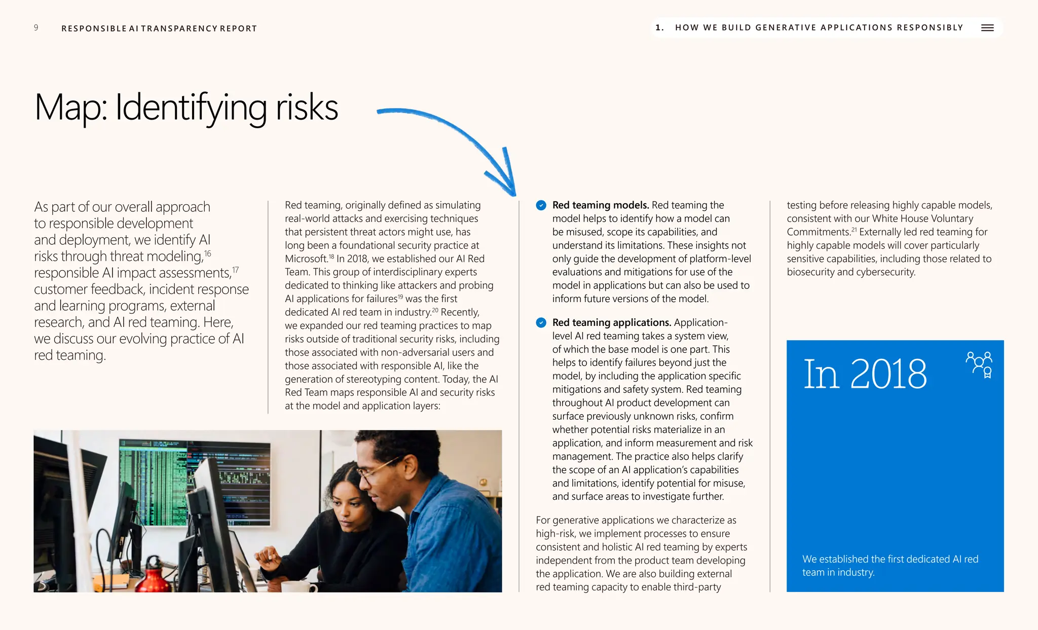 9 R E S P O N S I B L E A I T R A N S PA R E N C Y R E P O RT 1. H O W W E B U I L D G E N E R AT I V E A P P L I C AT I O N S R E S P O N S I B LY
Map: Identifying risks
As part of our overall approach
to responsible development
and deployment, we identify AI
risks through threat modeling,16
responsible AI impact assessments,17
customer feedback, incident response
and learning programs, external
research, and AI red teaming. Here,
we discuss our evolving practice of AI
red teaming.
Red teaming, originally defined as simulating
real-world attacks and exercising techniques
that persistent threat actors might use, has
long been a foundational security practice at
Microsoft.18
In 2018, we established our AI Red
Team. This group of interdisciplinary experts
dedicated to thinking like attackers and probing
AI applications for failures19
was the first
dedicated AI red team in industry.20
Recently,
we expanded our red teaming practices to map
risks outside of traditional security risks, including
those associated with non-adversarial users and
those associated with responsible AI, like the
generation of stereotyping content. Today, the AI
Red Team maps responsible AI and security risks
at the model and application layers:
Red teaming models. Red teaming the
model helps to identify how a model can
be misused, scope its capabilities, and
understand its limitations. These insights not
only guide the development of platform-level
evaluations and mitigations for use of the
model in applications but can also be used to
inform future versions of the model.
Red teaming applications. Application-
level AI red teaming takes a system view,
of which the base model is one part. This
helps to identify failures beyond just the
model, by including the application specific
mitigations and safety system. Red teaming
throughout AI product development can
surface previously unknown risks, confirm
whether potential risks materialize in an
application, and inform measurement and risk
management. The practice also helps clarify
the scope of an AI application’s capabilities
and limitations, identify potential for misuse,
and surface areas to investigate further.
For generative applications we characterize as
high-risk, we implement processes to ensure
consistent and holistic AI red teaming by experts
independent from the product team developing
the application. We are also building external
red teaming capacity to enable third-party
testing before releasing highly capable models,
consistent with our White House Voluntary
Commitments.21
Externally led red teaming for
highly capable models will cover particularly
sensitive capabilities, including those related to
biosecurity and cybersecurity.
In 2018
We established the first dedicated AI red
team in industry.
 