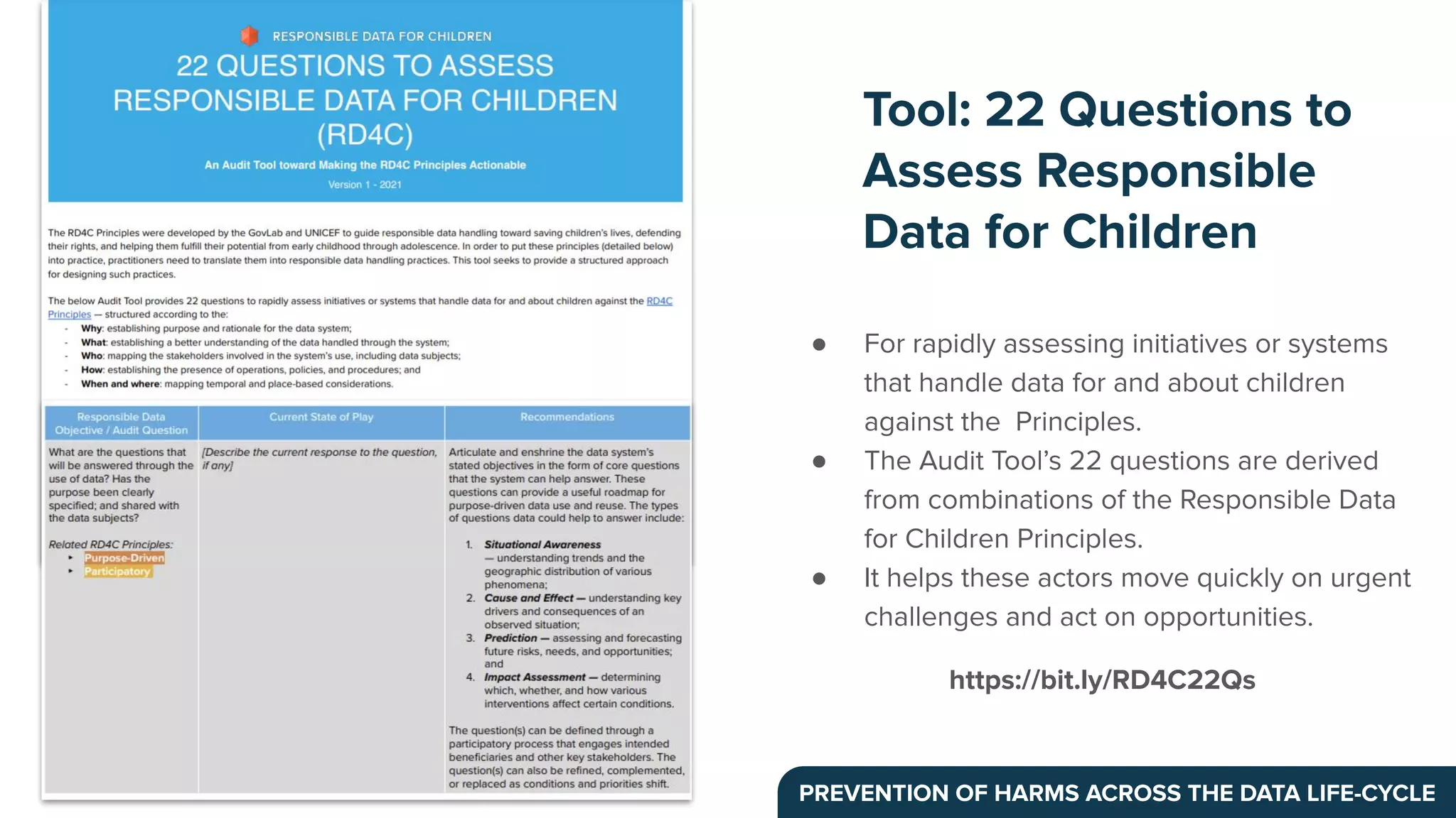● For rapidly assessing initiatives or systems
that handle data for and about children
against the Principles.
● The Audit Tool’s 22 questions are derived
from combinations of the Responsible Data
for Children Principles.
● It helps these actors move quickly on urgent
challenges and act on opportunities.
https://bit.ly/RD4C22Qs
Tool: 22 Questions to
Assess Responsible
Data for Children
PREVENTION OF HARMS ACROSS THE DATA LIFE-CYCLE
 