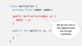 class Multiplier {
private final Adder adder;
public Multiplier(Adder a) {
adder = a;
}
public int mult(int a, int b) {
.....