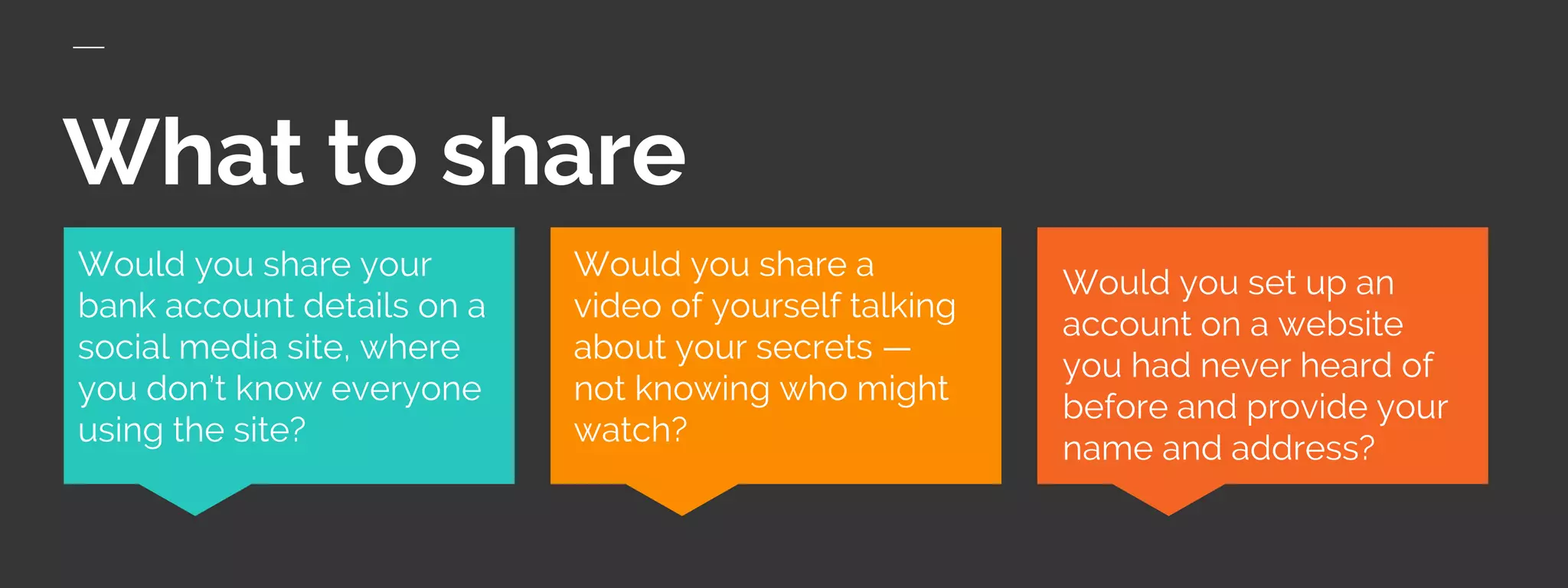 What to share
Would you set up an
account on a website
you had never heard of
before and provide your
name and address?
Would you share your
bank account details on a
social media site, where
you don’t know everyone
using the site?
Would you share a
video of yourself talking
about your secrets —
not knowing who might
watch?
 