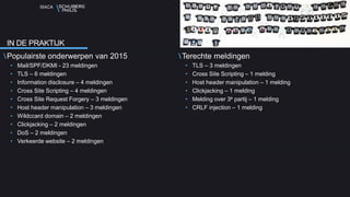 ISACA
Populairste onderwerpen van 2015
• Mail/SPF/DKMI - 23 meldingen
• TLS – 6 meldingen
• Information disclosure – 4 meldingen
• Cross Site Scripting – 4 meldingen
• Cross Site Request Forgery – 3 meldingen
• Host header manipulation – 3 meldingen
• Wildccard domain – 2 meldingen
• Clickjacking – 2 meldingen
• DoS – 2 meldingen
• Verkeerde website – 2 meldingen
Terechte meldingen
• TLS – 3 meldingen
• Cross Site Scripting – 1 melding
• Host header manipulation – 1 melding
• Clickjacking – 1 melding
• Melding over 3e partij – 1 melding
• CRLF injection – 1 melding
IN DE PRAKTIJK
 