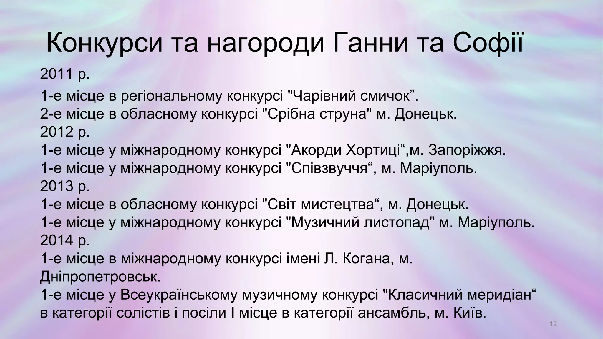 2011 р.
1-е місце в регіональному конкурсі "Чарівний смичок”.
2-е місце в обласному конкурсі "Срібна струна" м. Донецьк.
2012 р.
1-е місце у міжнародному конкурсі "Акорди Хортиці“,м. Запоріжжя.
1-е місце у міжнародному конкурсі "Співзвуччя“, м. Маріуполь.
2013 р.
1-е місце в обласному конкурсі "Світ мистецтва“, м. Донецьк.
1-е місце у міжнародному конкурсі "Музичний листопад" м. Маріуполь.
2014 р.
1-е місце в міжнародному конкурсі імені Л. Когана, м. Дніпропетровськ.
1-е місце у Всеукраїнському музичному конкурсі "Класичний меридіан“
в категорії солістів і посіли І місце в категорії ансамбль, м. Київ.
Конкурси та нагороди Ганни та Софії
12
 