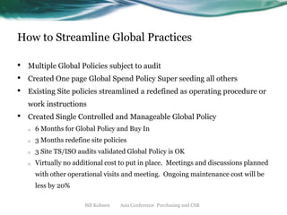 How to Streamline Global Practices
•
•
•

Multiple Global Policies subject to audit

Created One page Global Spend Policy Super seeding all others
Existing Site policies streamlined a redefined as operating procedure or
work instructions

•

Created Single Controlled and Manageable Global Policy
o

6 Months for Global Policy and Buy In

o

3 Months redefine site policies

o

3 Site TS/ISO audits validated Global Policy is OK

o

Virtually no additional cost to put in place. Meetings and discussions planned

with other operational visits and meeting. Ongoing maintenance cost will be
less by 20%
Bill Kohnen

Asia Conference Purchasing and CSR

 
