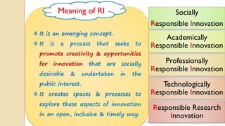24-02-2022 Prof Amita Pandey Bhardwaj,SLBSNSU,N.Delhi-16 11
❖ It is an emerging concept.
❖ It is a process that seeks to
promote creativity & opportunities
for innovation that are socially
desirable & undertaken in the
public interest.
❖ It creates spaces & processes to
explore these aspects of innovation
in an open, inclusive & timely way.
Meaning of RI Socially
Responsible Innovation
Academically
Responsible Innovation
Professionally
Responsible Innovation
Technologically
Responsible Innovation
Responsible Research
Innovation
 