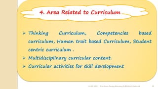 24-02-2022 Prof Amita Pandey Bhardwaj,SLBSNSU,N.Delhi-16 19
➢ Thinking Curriculum, Competencies based
curriculum, Human trait based Curriculum, Student
centric curriculum .
➢ Multidisciplinary curricular content.
➢ Curricular activities for skill development
4. Area Related to Curriculum
 