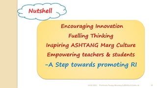 24-02-2022 Prof Amita Pandey Bhardwaj,SLBSNSU,N.Delhi-16 22
Encouraging Innovation
Fuelling Thinking
Inspiring ASHTANG Marg Culture
Empowering teachers & students
-A Step towards promoting RI
Nutshell
 