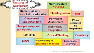 HRD Ministry as
Education Ministry
Multiple entry and
exit options.
New structure-
5+3+3+4
Multidisciplinary
and a holistic education Multilingualism
Formative
Assessment
Conceptual
understanding
Technology
Integration
Life skills CriticalThinking
Features of
NEP:2020
HECI
NRF
4Years
Integrated
TE
Programme
Experiential
Learning
24-02-2022 4
Prof Amita Pandey Bhardwaj,SLBSNSU,N.Delhi-16
Creativity
 
