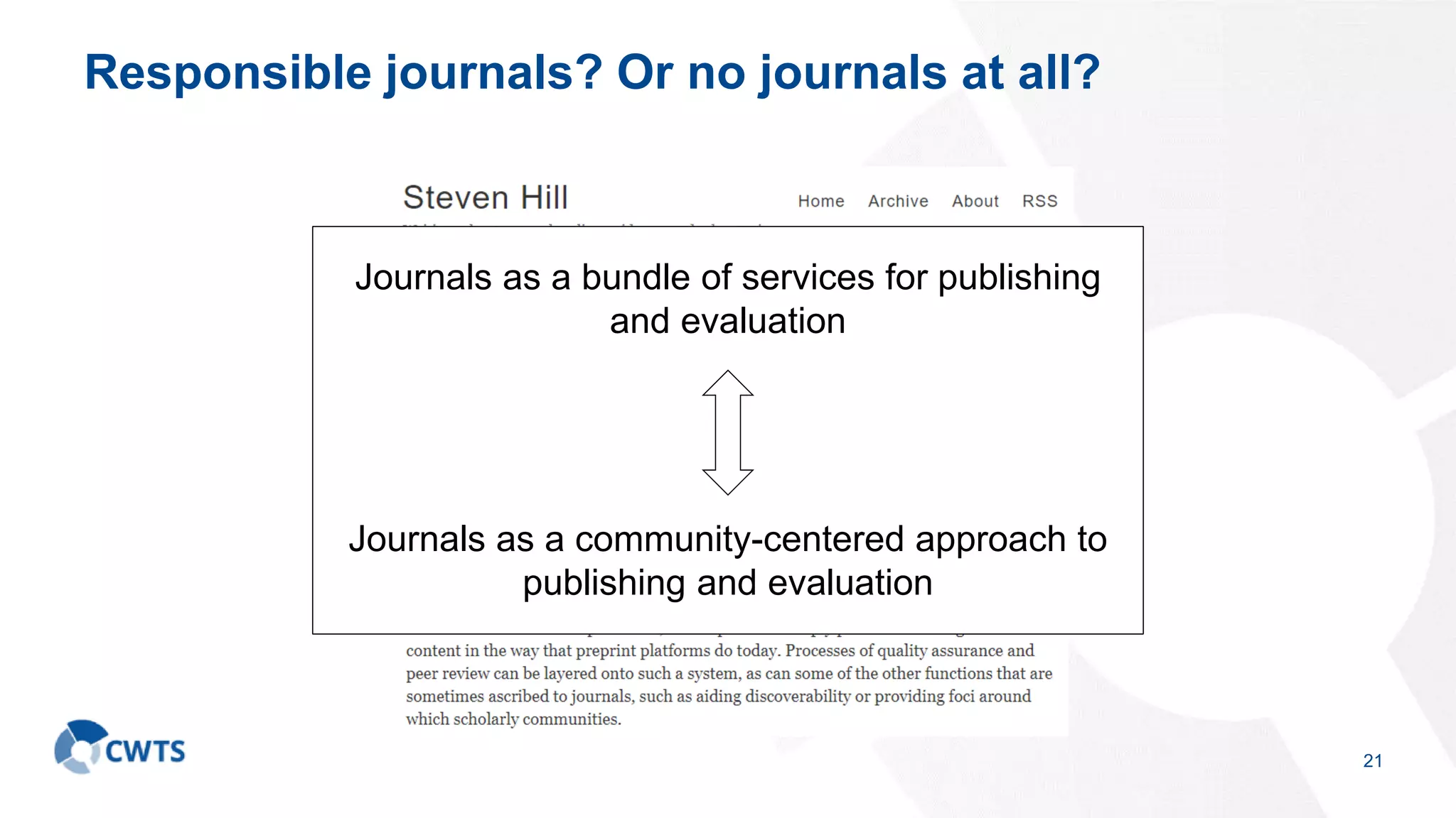 Responsible journals? Or no journals at all?
21
Journals as a bundle of services for publishing
and evaluation
Journals as a community-centered approach to
publishing and evaluation
 