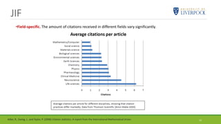 JIF
12Adler, R., Ewing, J., and Taylor, P. (2008) Citation statistics. A report from the International Mathematical Union.
•Field-specific. The amount of citations received in different fields vary significantly.
 