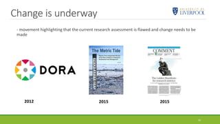 Change is underway
- movement highlighting that the current research assessment is flawed and change needs to be
made
2012 2015 2015
33
 