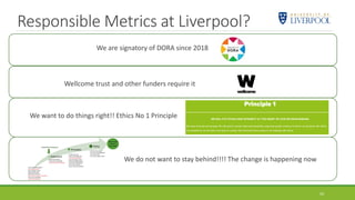 Responsible Metrics at Liverpool?
We are signatory of DORA since 2018
Statement
Principles
Policy
Cardiff University
University of Edinburgh
University of Glasgow
ImperialCollege London
University of Manchester
University of Nottingham
University of Oxford
Queen’s University Belfast
University of Birmingham
University of Exeter
King’s College London
University of Leeds
NewcastleUniversity
Queen Mary University of London
University of Sheffield
University of Warwick
University of Bristol
University of Cambridge
London Schoolof Economics
DurhamUniversity
University of Southampton
University of York
University College London
Universityof Liverpool
Responsible
Research
Assessment
Wellcome trust and other funders require it
We do not want to stay behind!!!! The change is happening now
We want to do things right!! Ethics No 1 Principle
43
 