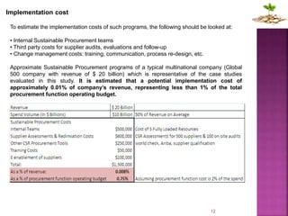 Implementation cost
To estimate the implementation costs of such programs, the following should be looked at:
• Internal Sustainable Procurement teams
• Third party costs for supplier audits, evaluations and follow-up
• Change management costs: training, communication, process re-design, etc.
Approximate Sustainable Procurement programs of a typical multinational company (Global
500 company with revenue of $ 20 billion) which is representative of the case studies
evaluated in this study. It is estimated that a potential implementation cost of
approximately 0.01% of company’s revenue, representing less than 1% of the total
procurement function operating budget.
12
 