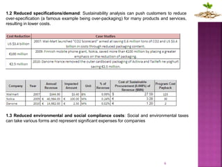 6
1.2 Reduced specifications/demand: Sustainability analysis can push customers to reduce
over-specification (a famous example being over-packaging) for many products and services,
resulting in lower costs.
1.3 Reduced environmental and social compliance costs: Social and environmental taxes
can take various forms and represent significant expenses for companies
 