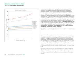 128 Responsible Retroﬁt of Traditional Buildings STBA
To understand context variations resulting from location and exposure when
considering internal wall insulation we have looked at both regional and
orientation variations of the moisture content encountered at the interface
between insulation and the wall substrate (the risk area) in areas of different
exposure for an internal wall insulation proposal. The following diagrams
illustrate how signiﬁcant both location and orientation are in assessing risk of IWI
installation onto a solid-wall building with a capillary-open external surface (such
as brick or stone). The modelling used is the WUFI dynamic numerical modelling,
as discussed and recommended in the main body of the STBA report. Furthermore
a safety factor has been applied to allow for less than perfect construction and
building maintenance over the life of the building. It should be noted that due
to the uncertainties in material and weather data as well as in modelling,
these diagrams should be taken as indications only of the potential
moisture risks. Furthermore they only deal with one kind of insulation
according to its particular material properties.
Exploring context in more detail
CASE STUDY: Internal Wall Insulation (IWI)
Figure 5 Moisture Content for different insulation thicknesses at insulation fabric interface
for different locations – source NBT37
37
The tests were done by NBT for their Pavadentro product. The moisture content analysis
is carried out by means of a 1D transient hygrothermal simulation (with WUFI® pro 5.1
software) for a wall section composed by 215mm solid brick,20mm levelling coat, 5mm
bonding plaster, 40 to 100mm Pavadentro woodﬁbre board for internal insulation, 8mm
lime plaster. A moisture source of 1% of the driving rain load is inserted in the wall section,
according to ASHRAE standard 160-2009; the selected depth for the water penetration is
corresponding to the window position (100mm to the external surface), as the Standard
Project Committee for ASHRAE 160 realised that “occasional intrusion of a small amount
of water, especially around doors and windows, is probably inevitable”. (Ten Wolde, 2008,
p.168)
The selection of 1% wind-driven rain is explained by Künzel and Zirkelbach (2008, p.2):
“The selected leakage rate in this standard is not meant to be a worst case scenario. It is
not based on ﬁeld test results but on hygrothermal simulations that showed that more
than 1% of rainwater penetration may be detrimental for a large portion of existing wall
structures”.
Insulation Thickness mm
0
5
10
15
20
25
30
35
40 60 80 100
Moisturecontentkg/kg
Moisture content – location
Swansea SW
Swansea N
London SW
London N
Manchester SW
Manchester N
Liverpool SW
Liverpool N
Swansea SW
Swansea N
London SW
London N
Manchester SW
Manchester N
Liverpool SW
Liverpool N
Moisture Content – Location
MoistureContent(kg/kg)
 