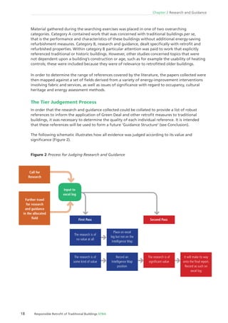 18 Responsible Retroﬁt of Traditional Buildings STBA
Chapter 2 Research and Guidance
Material gathered during the searching exercises was placed in one of two overarching
categories. Category A contained work that was concerned with traditional buildings per se,
that is the performance and characteristics of these buildings without additional energy-saving
refurbishment measures. Category B, research and guidance, dealt speciﬁcally with retroﬁt and
refurbished properties. Within category B particular attention was paid to work that explicitly
referenced traditional or historic buildings. However, other studies concerned topics that were
not dependent upon a building’s construction or age, such as for example the usability of heating
controls; these were included because they were of relevance to retroﬁtted older buildings.
In order to determine the range of references covered by the literature, the papers collected were
then mapped against a set of ﬁelds derived from a variety of energy-improvement interventions
involving fabric and services, as well as issues of signiﬁcance with regard to occupancy, cultural
heritage and energy assessment methods.
The Tier Judgement Process
In order that the research and guidance collected could be collated to provide a list of robust
references to inform the application of Green Deal and other retroﬁt measures to traditional
buildings, it was necessary to determine the quality of each individual reference. It is intended
that these references will be used to form a future ‘Guidance Structure‘ (see Conclusion).
The following schematic illustrates how all evidence was judged according to its value and
signiﬁcance (Figure 2).
Figure 2 Process for Judging Research and Guidance
Call for
Research
Further trawl
for research
and guidance
in the allocated
ﬁeld
Input to
excel log
First Pass Second Pass
The research is of
no value at all
Place on excel
log but not on the
Intelligence Map
The research is of
some kind of value
The research is of
signiﬁcant value
Record an
Intelligence Map
position
It will make its way
onto the ﬁnal report.
Record as such on
excel log
 
