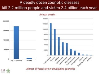 Almost all losses are in developing countries A deadly dozen zoonotic diseases kill 2.2 million people and sicken 2.4 billion each year 
0 
20000 
40000 
60000 
80000 
100000 
120000 
140000 
Annual deaths  