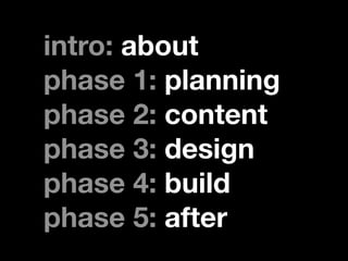 intro: about
phase 1: planning
phase 2: content
phase 3: design
phase 4: build
phase 5: after
 