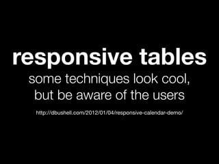 responsive tables
 some techniques look cool,
  but be aware of the users
  http://dbushell.com/2012/01/04/responsive-calendar-demo/
 