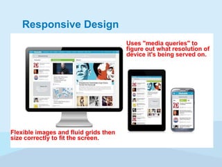 Responsive Design
Uses "media queries" to
figure out what resolution of
device it's being served on.

Flexible images and fluid grids then
size correctly to fit the screen.

 