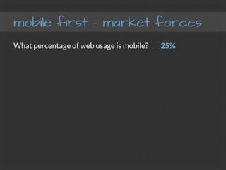 mobile first – market forces
What percentage of web usage is mobile?
 25% 
 