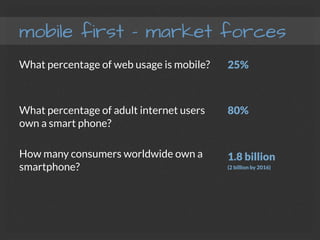 mobile first – market forces
What percentage of web usage is mobile?

What percentage of adult internet users
own a smart phone?

How many consumers worldwide own a
smartphone?

25%

80%


1.8 billion
(2 billion by 2016)

 