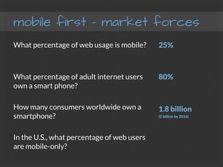 mobile first – market forces
What percentage of web usage is mobile?


What percentage of adult internet users
own a smart phone?

How many consumers worldwide own a
smartphone?

In the U.S., what percentage of web users
are mobile-only?
25%

80%


1.8 billion
(2 billion by 2016)


 