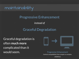 maintainability
Progressive Enhancement
instead of
Graceful Degradation
Progressive	
  Enhancement	
  
Control	
  compaFbility	
  from	
  simple	
  to	
  complex.	
  
(AddiFve)	
  
Graceful degradation is
often much more
complicated than it
would seem.
 