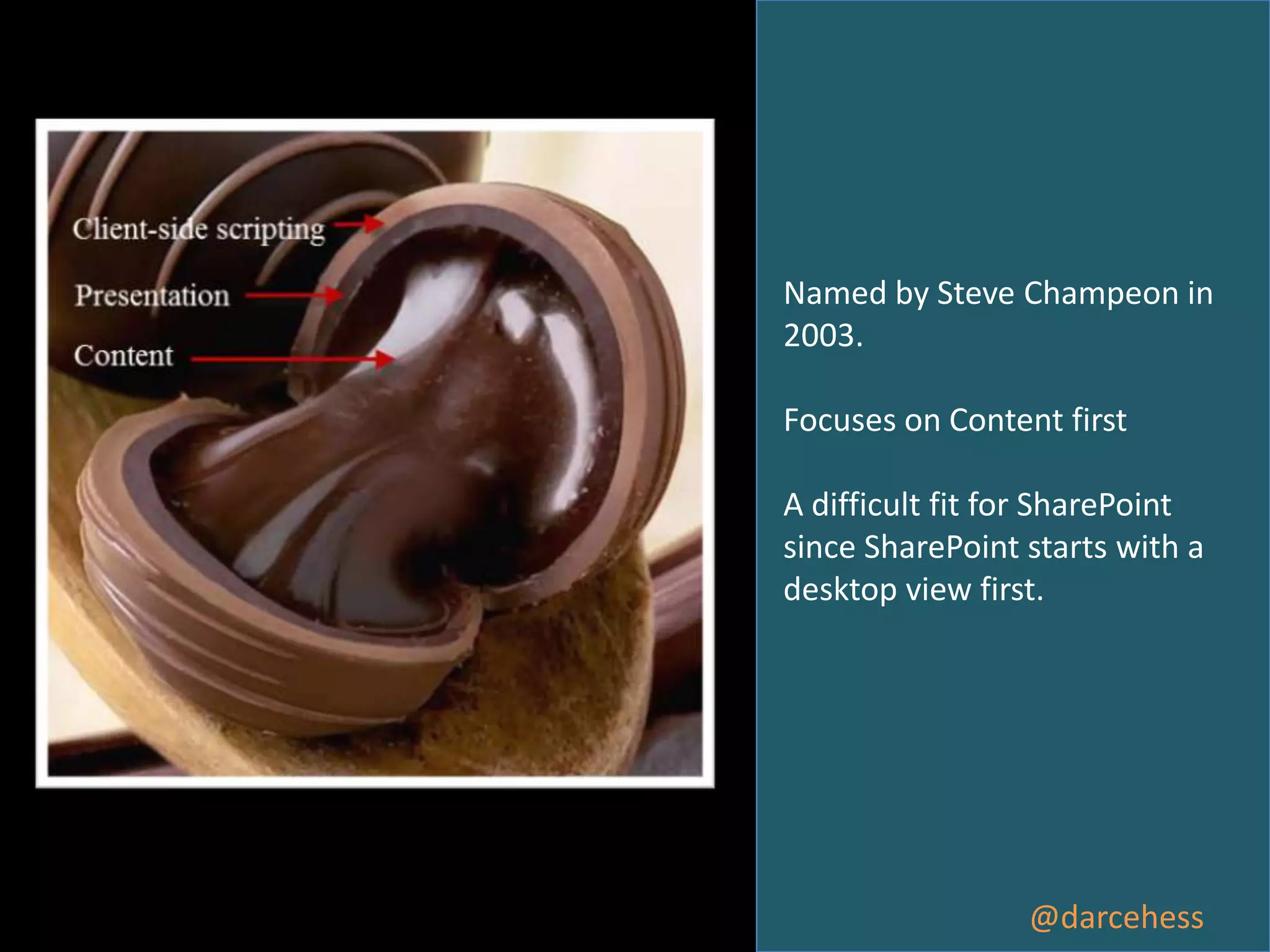 Named by Steve Champeon in
2003.
Focuses on Content first
A difficult fit for SharePoint
since SharePoint starts with a
desktop view first.

@darcehess

 