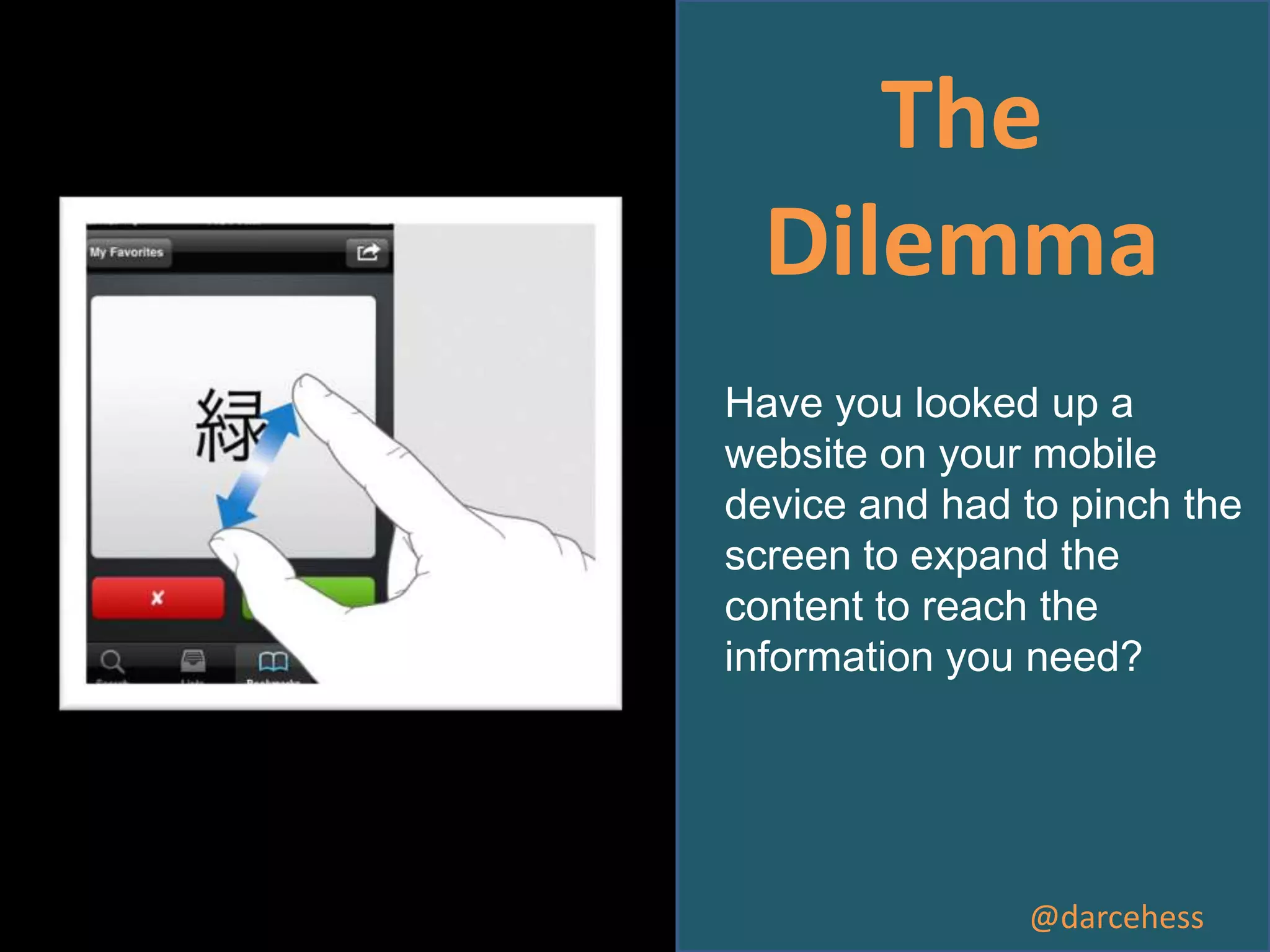 The
Dilemma
Have you looked up a
website on your mobile
device and had to pinch the
screen to expand the
content to reach the
information you need?

@darcehess

 