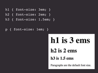 h1 { font-size: 3em; }
h2 { font-size: 2em; }
h3 { font-size: 1.5em; }
p { font-size: 1em; }
 